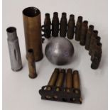 Collection of inert ammunition including 303 shells, small cannonball etc. Shipping Group (A).
