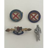 Collection of pin badges comprising: 'S.S. Uganda', M.S. Dunera', Military personnel figure and