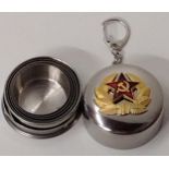 Soviet Army stainless steel collapsible vodka cup on key chain. Shipping Group (A).