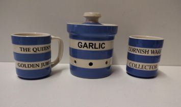 (3) pieces of T.G Green Cornishware: Garlic pot, Collector's pot and Queens Golden Jubilee mug.