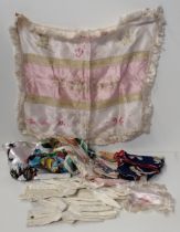 Vintage silk scarves and gloves together with a part finished sweetheart scarf dated 1945.