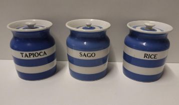(3) T.G Green Cornishware storage jars; Tapioca, Rice and Sago. Collection only.