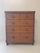Early c20th 2 over 3 chest of drawers measuring H:116 x W:101 x D:47. Collection only.