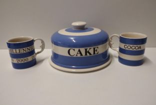 (3) pieces of T.G Green Cornishware comprising; a large rare cake dome and plate, together with a
