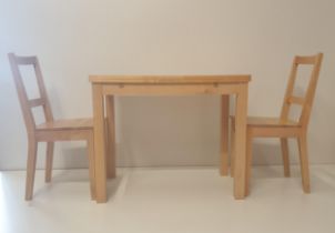 Light Oak table and 2 chairs measuring H:75 x L:90 x D:50 cm. Collection only.