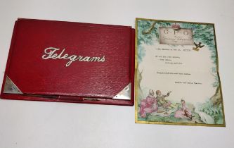 Vintage telegram book with hallmarked appliqué .925 silver. Together with 1938 dated telegram.