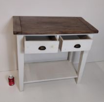Modern 2-drawer hall table measuring H:75 x L:80 x D:42 cm. Constructed from recycled wood, white