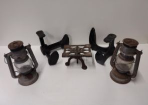 Vintage items including shoe lasts, hurricane  lamps and a small metal trivet Collection only.