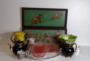 Vintage collectables including 2 framed hunting scenes. Collection only.
