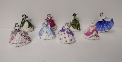 8 figurines; Coalport (6) 'May', 'Pansy', 'Rose', 'Iris', 'Poppy' & 'Holly' and Royal Doulton (2) '