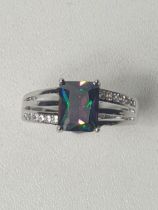 .925 silver princess cut rainbow topaz and cubic zirconia set ring, size W. Shipping Group (A).