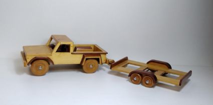 Large scratch-built wooden toy truck and trailer., approx total length 76cm. Shipping Group (A).