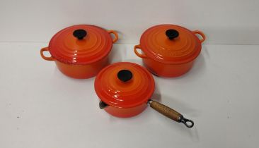 2 Le Creuset volcano casserole dishes and a lidded saucepan. Collection only.