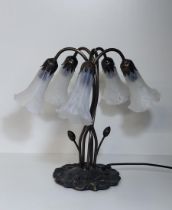 Art Nouveau Tiffany style six-arm table lamp, approx H:40 cm. Collection only.