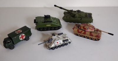 Playworn Dinky and Corgi diecast military model vehicles (4). Shipping Group (A).