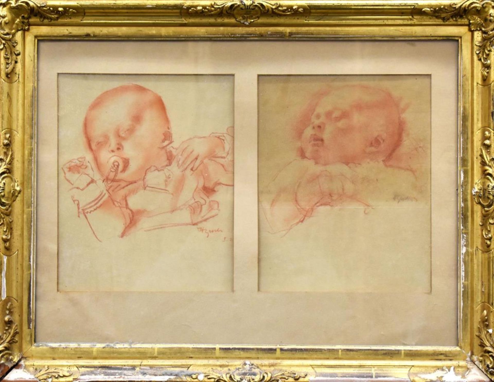 GROEBER, HERMANN. Mutter mit Kind / Zwei Kinderporträts. Bleistift bzw. Rötel u.a.