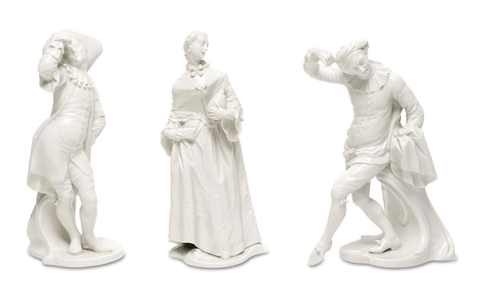 Drei Figuren der Commedia dell´arte. Nymphenburg, nach Modellen von F.A. Bustelli | Porzellan, weiß.