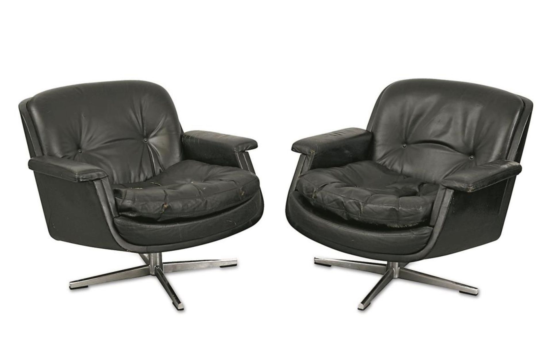 Ein Paar Lounge Chairs. Schmidt, Eugen (1910-1975), 1960er Jahre, Soloform | Leder, verchromtes M...