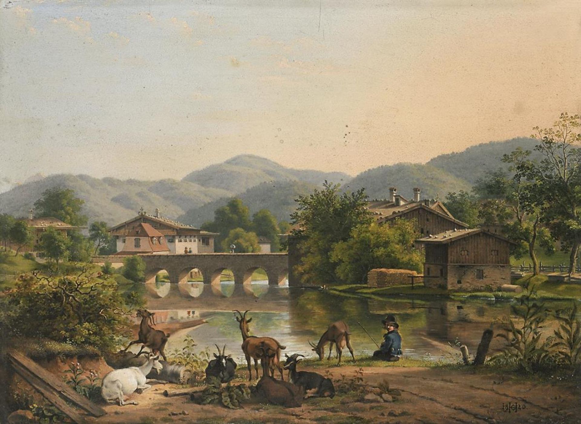 HEINZMANN, CARL FRIEDRICH. Hirte mit Ziegen am Flußufer, Bogenbrücke und Dorf. Öl auf Kupfer. - Bild 3 aus 5