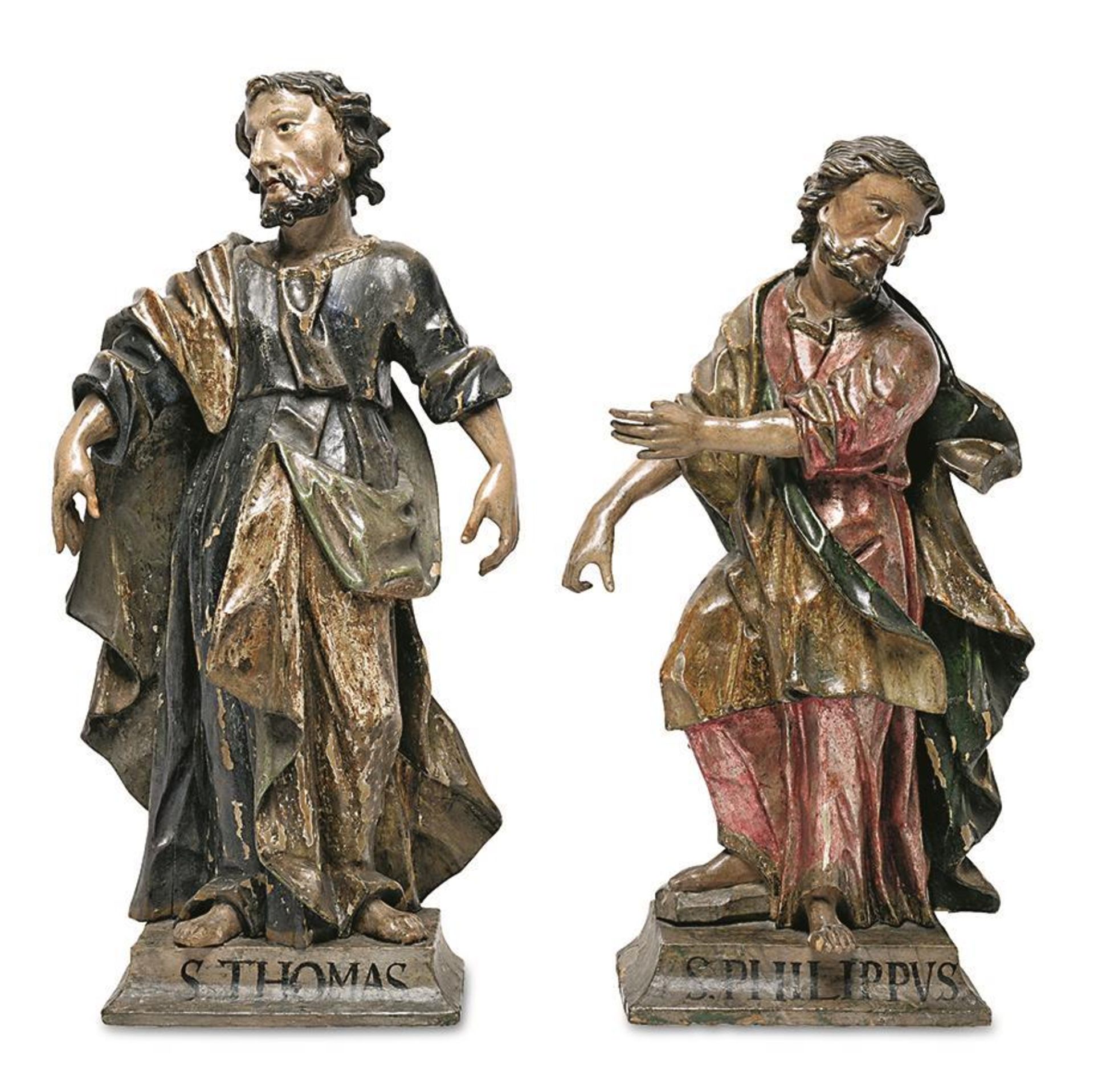 Zwei Apostel. Süddeutsch, 18. Jh. | Holz, geschnitzt, Farb-, Lüster- und Goldfassung.