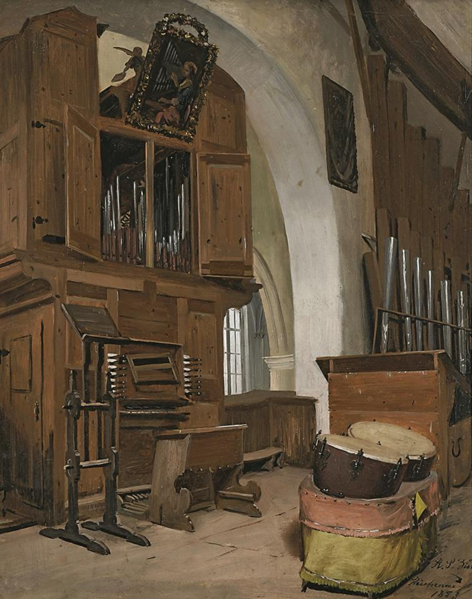 ZIMMERMANN, REINHARD SEBASTIAN. Orgel im Kloster Reichenau. Öl auf Holz.