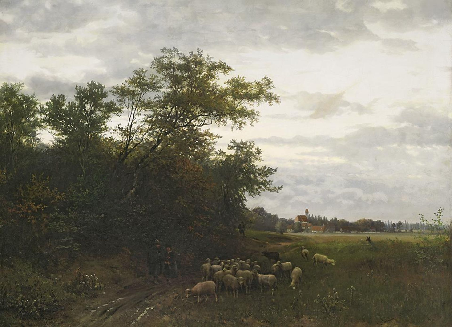 WOPFNER, JOSEF. Landschaft mit Schafherde und Spaziergängern. Öl auf Lwd.