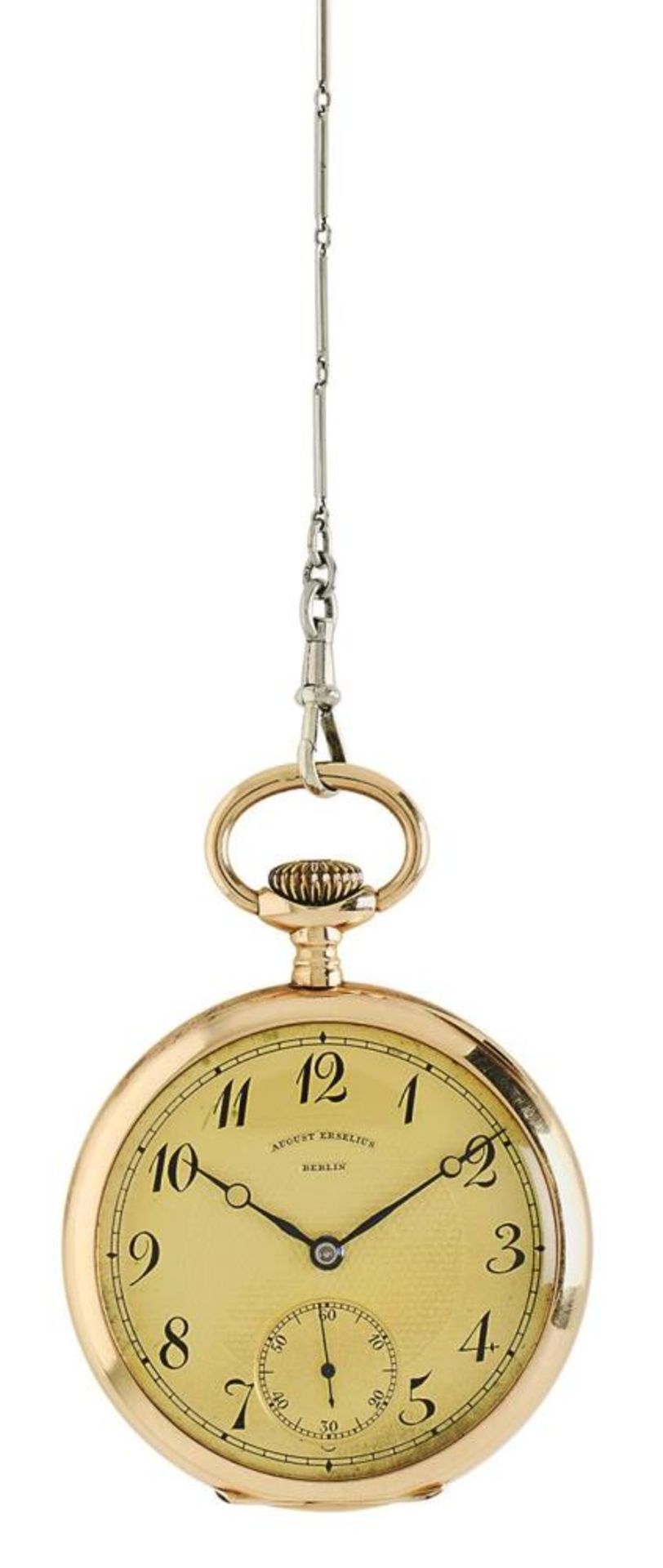 Taschenuhr. Gehäuse und Zifferblatt signiert August Erselius, Berlin | 14 K WG (Uhrenkette) und...