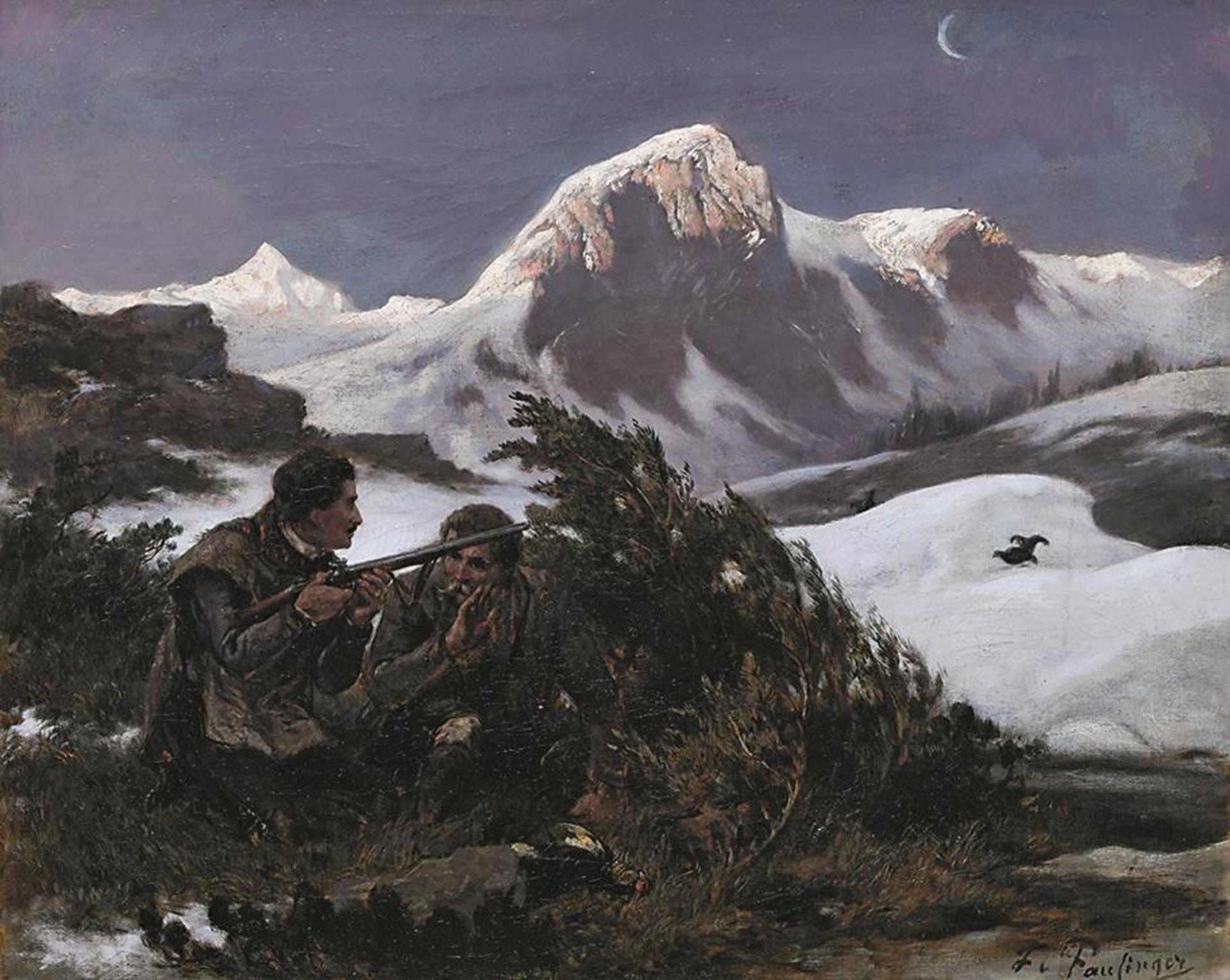 PAUSINGER, FRANZ XAVER VON. Zwei Jäger im Hochgebirge. Öl auf Lwd.