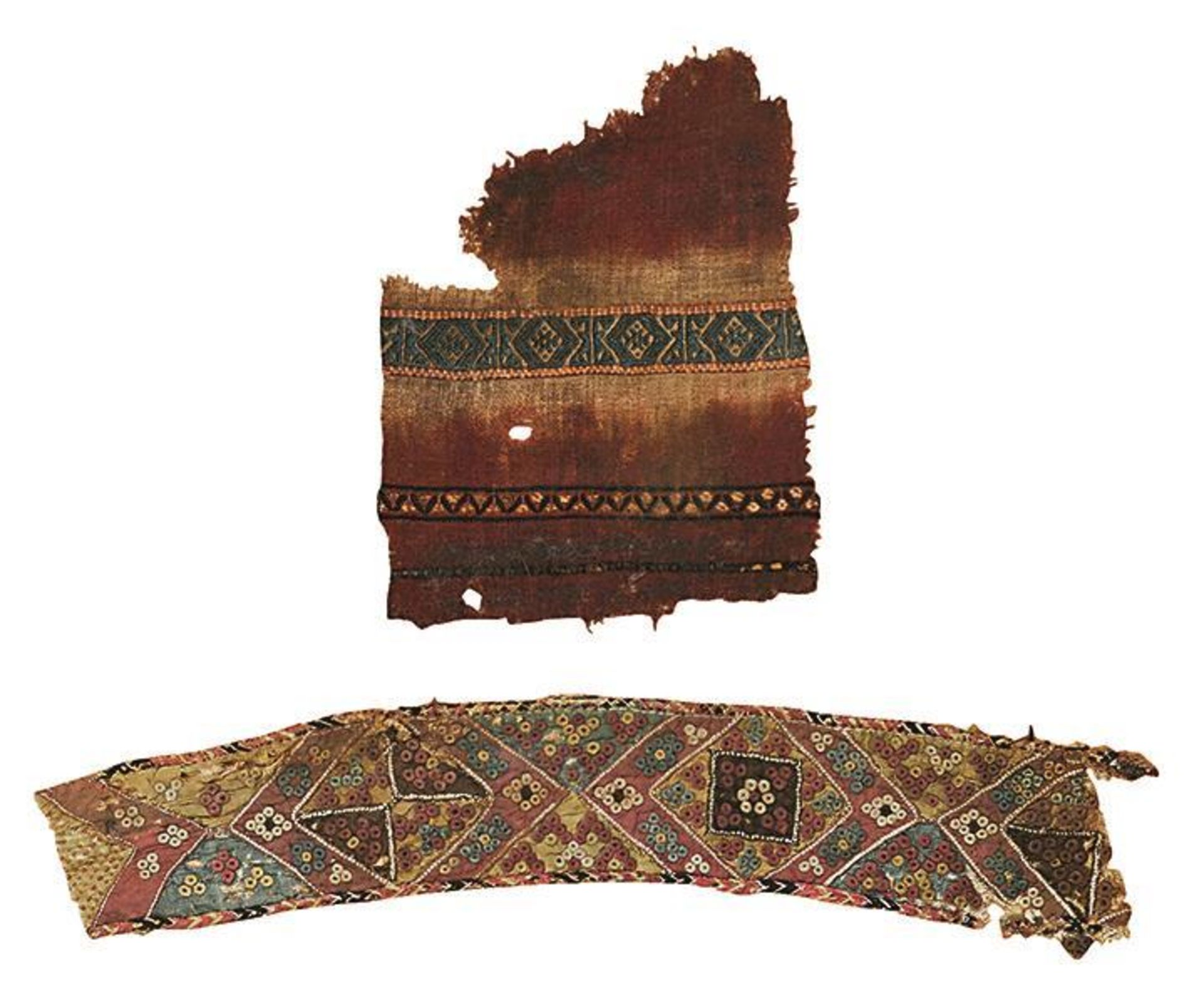 Zwei Textilfragmente. Wohl koptisch u.a. | Gewebe, bestickt.