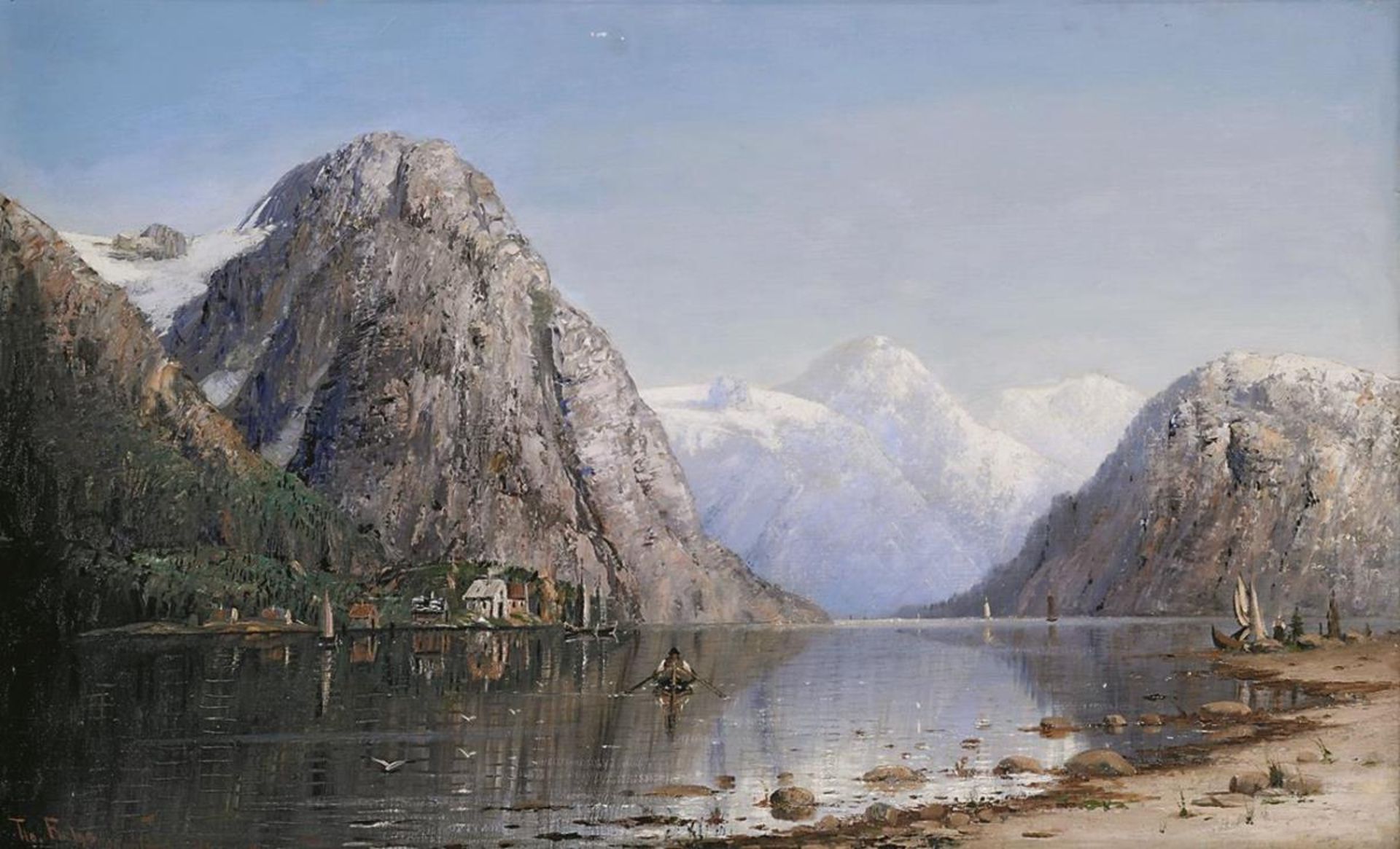 FUCHS, THERESE. Fjordlandschaft. Öl auf Lwd. auf Hartfaserplatte.