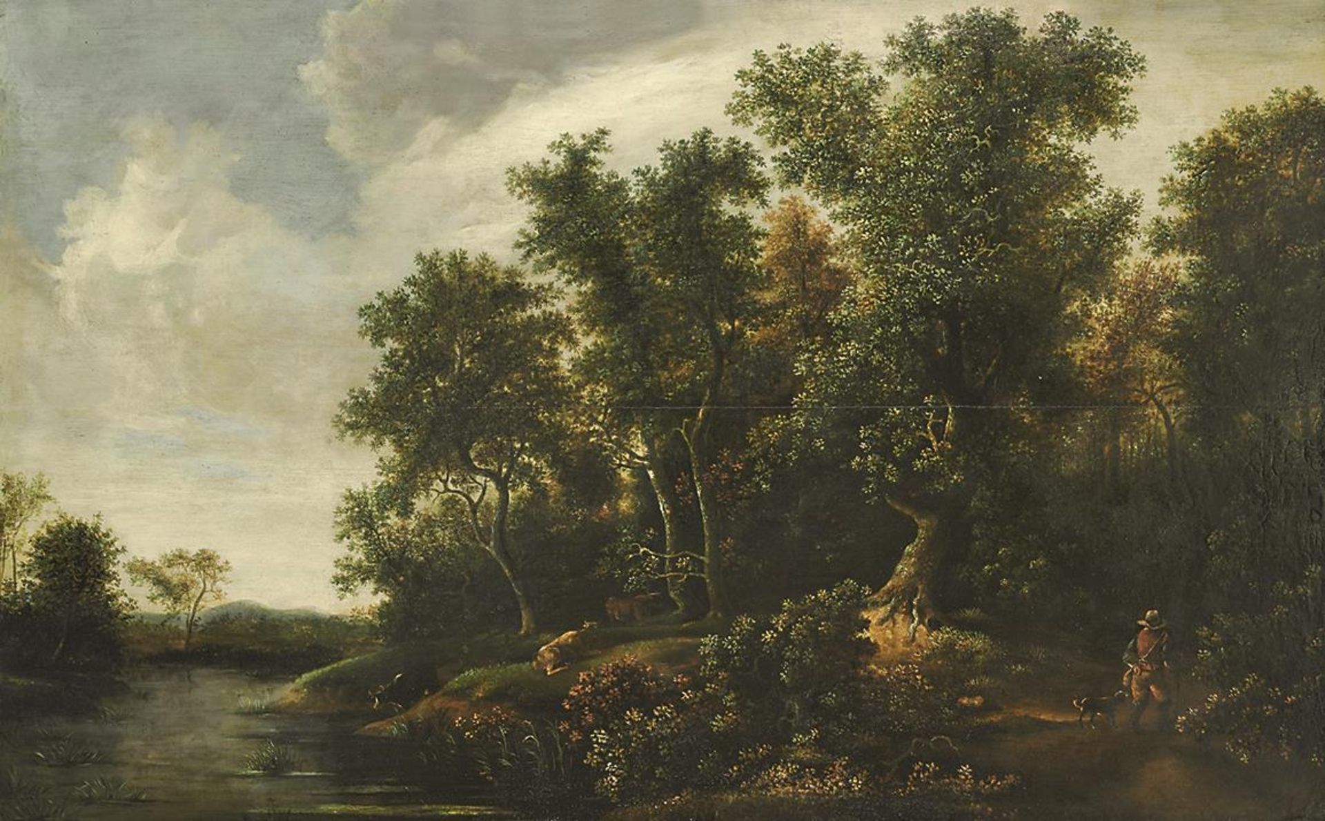 RUISDAEL, JAKOB VAN (IN DER ART DES). Flusslandschaft mit Hirte und Kühen. Öl auf Holz.