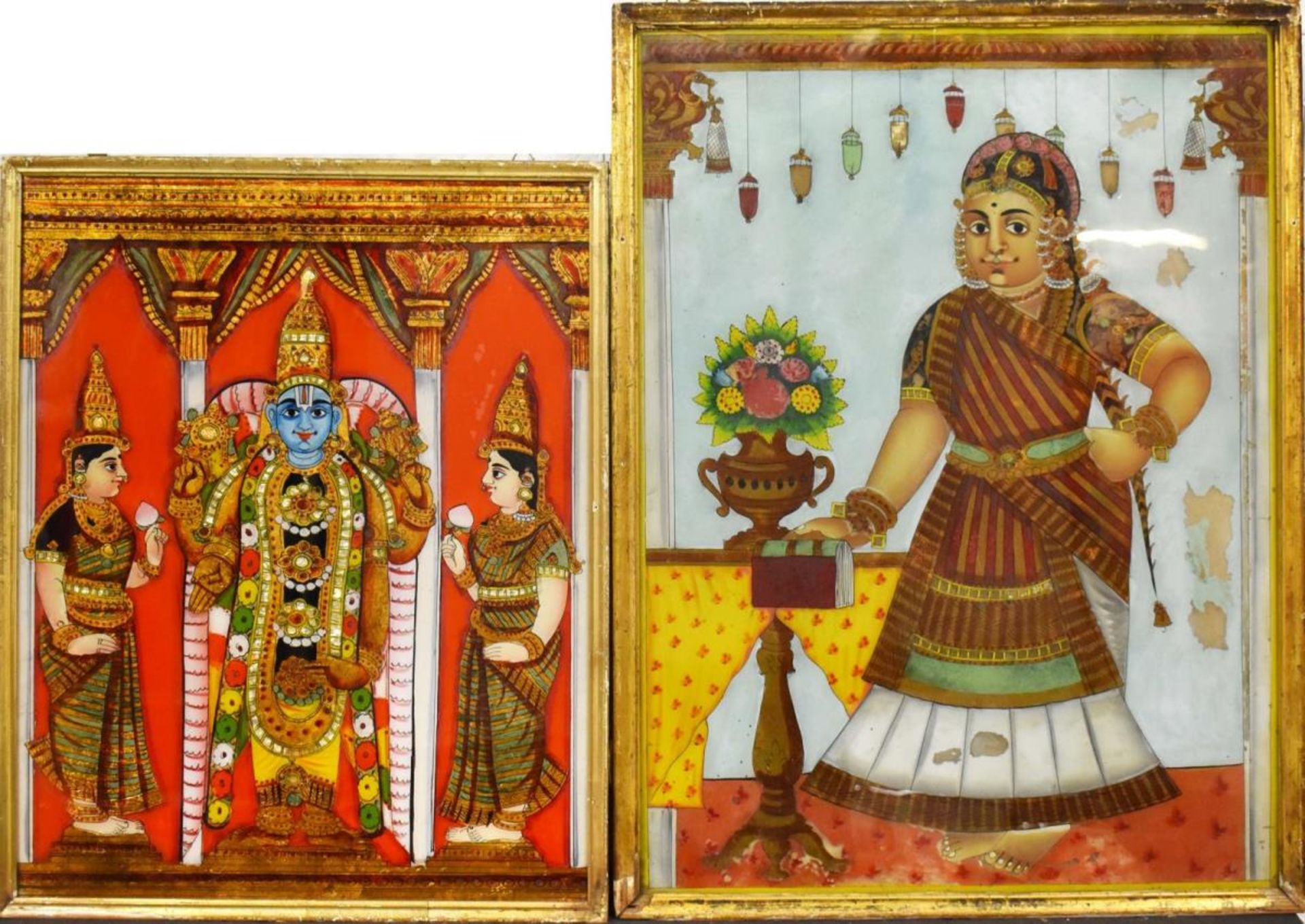 Zwei Hinterglasbilder: Vishnu / Frau mit Buch. Indien, 19./20. Jh. |