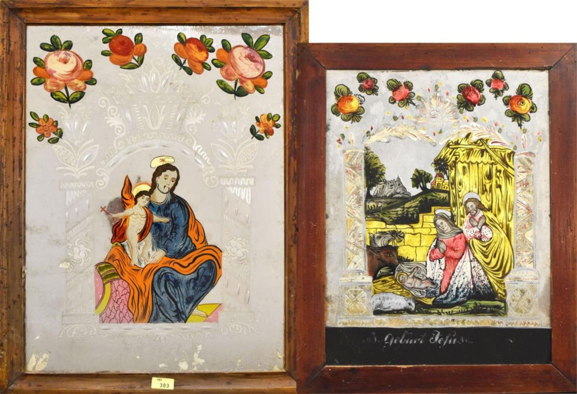 Zwei Spiegelschliffbilder: Hl. Josef / Geburt Jesu. Slowakei/Böhmen, 19./20. Jh. |