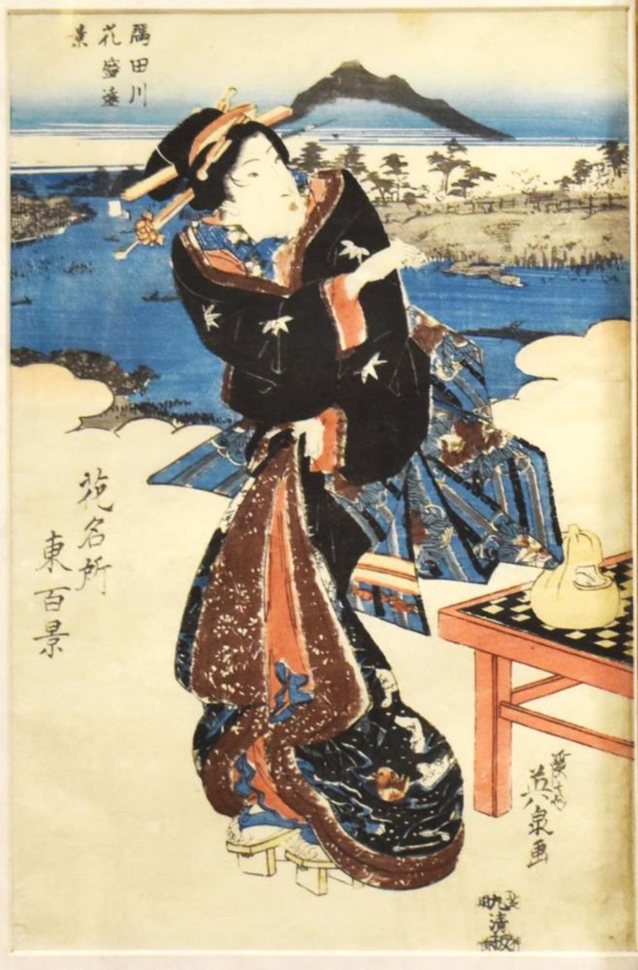 Geisha vor Küste / Geisha vor Landschaft mit Berg. Japan, wohl 19. Jh. | Zwei Farbholzschnitte. - Bild 2 aus 3