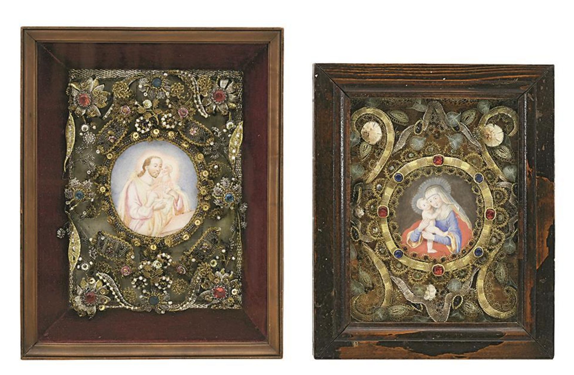 Zwei Klosterarbeiten. Süddeutsch, 18./19. Jh. | Gouache, Gold- und Silberdrahtarbeit, Pailletten,...