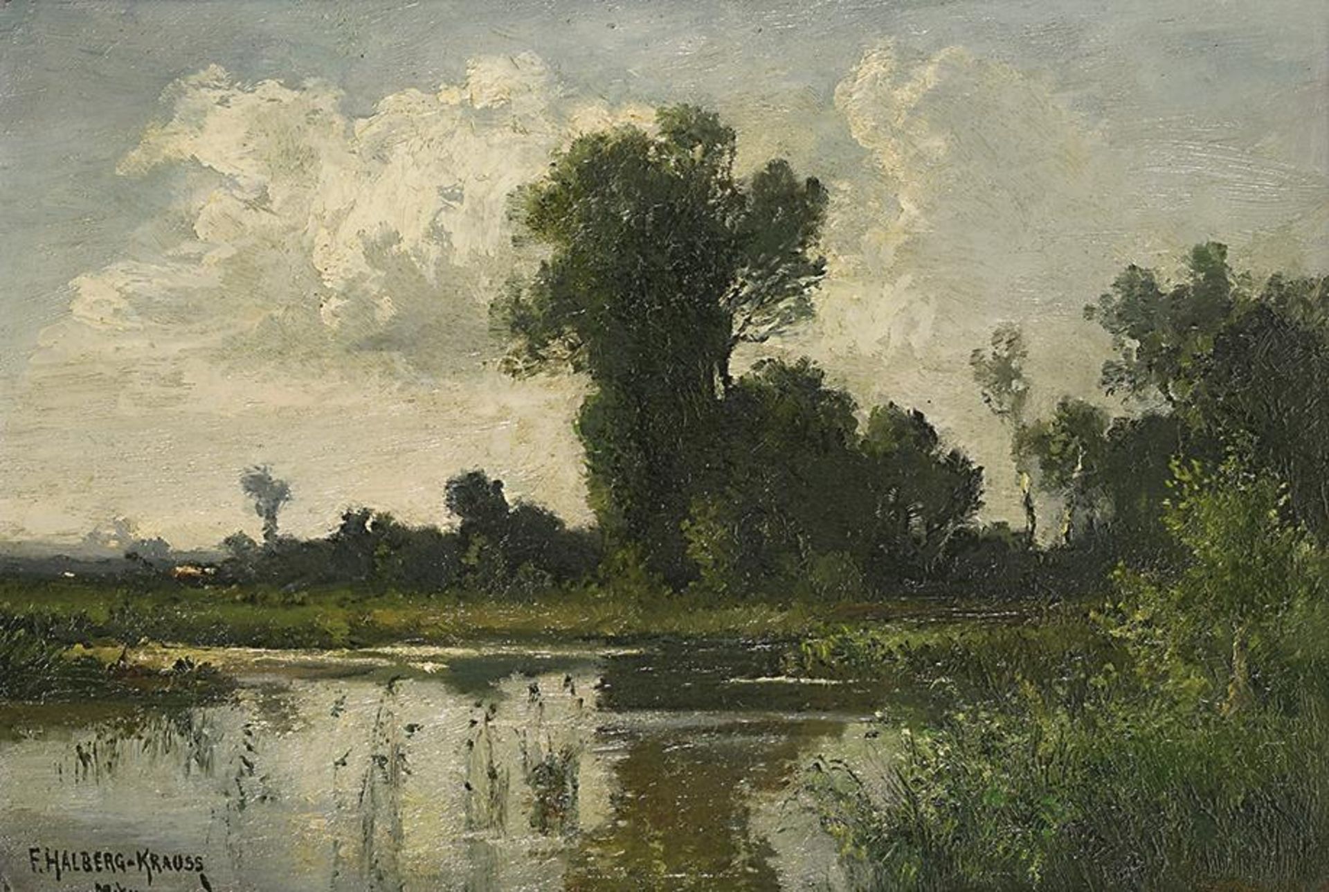 HALBERG-KRAUSS, FRITZ. Flusslandschaft. Öl auf Karton auf Hartfaserplatte.