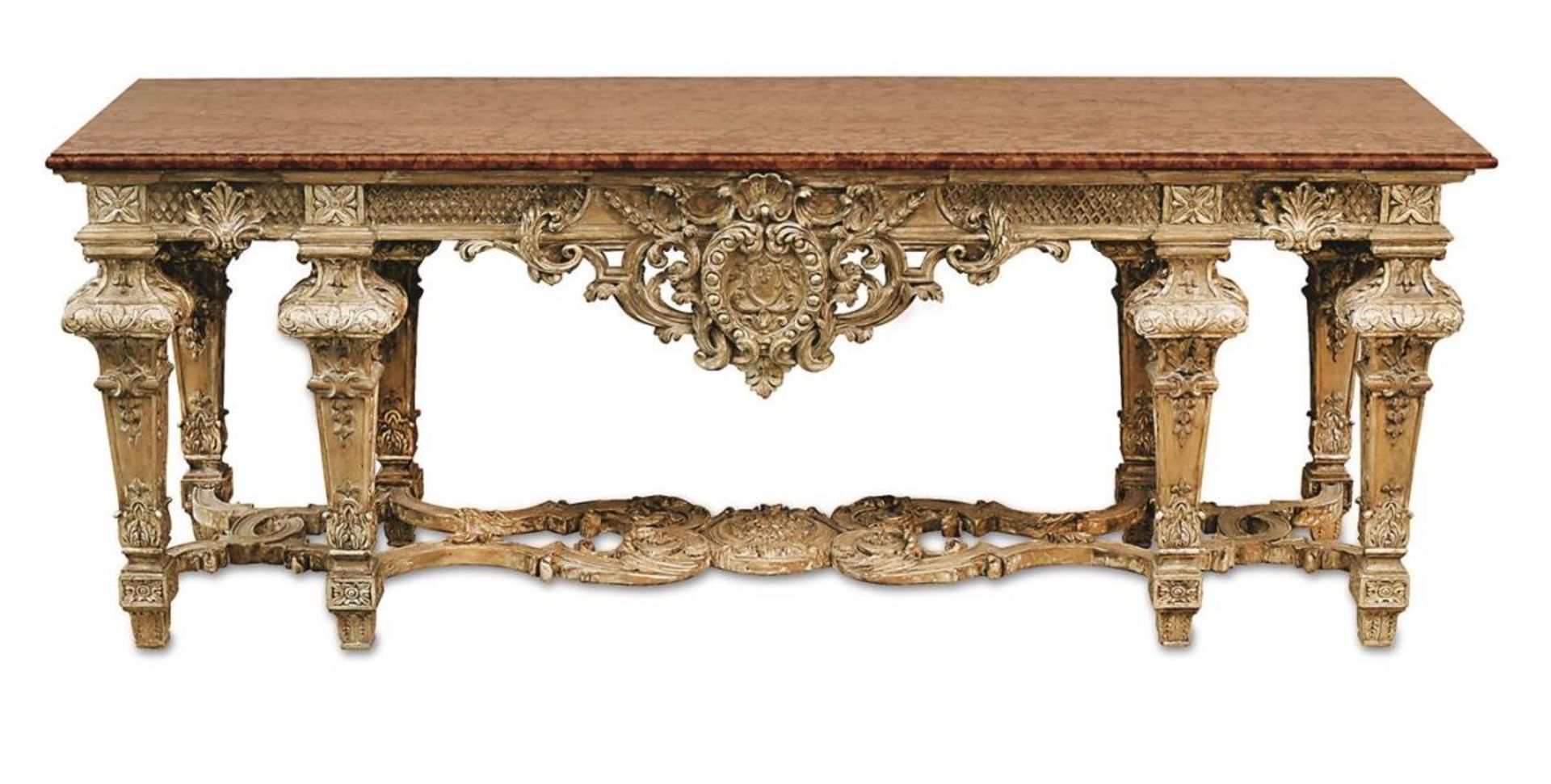 Konsoltisch. Louis XIV.-Stil | Holz, beschnitzt, tlw. silber- bzw. goldfarben gefasst, rote Marmo...