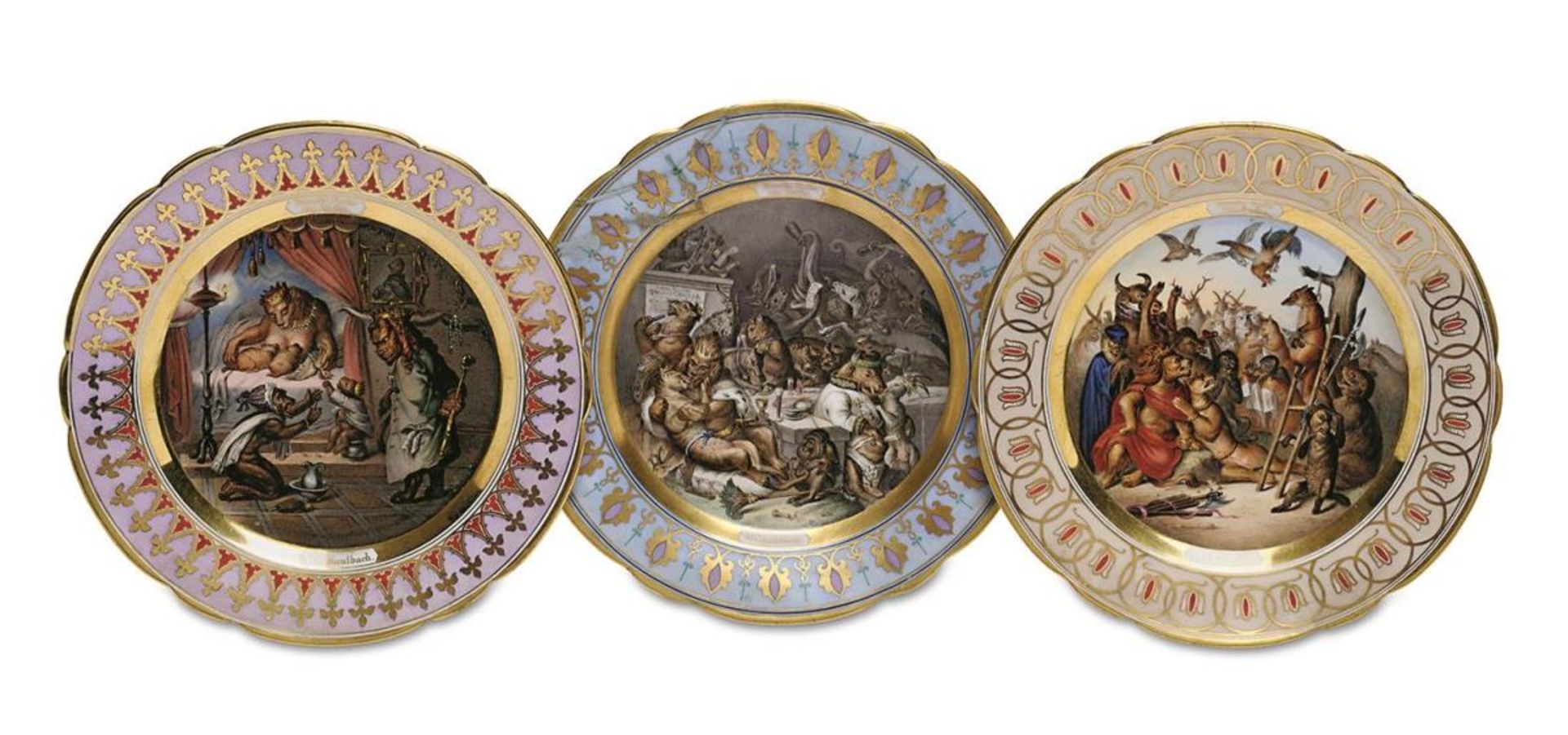 Drei Bildteller. Nymphenburg, um 1890/1900 | Porzellan, Farb- und Goldstaffagen.