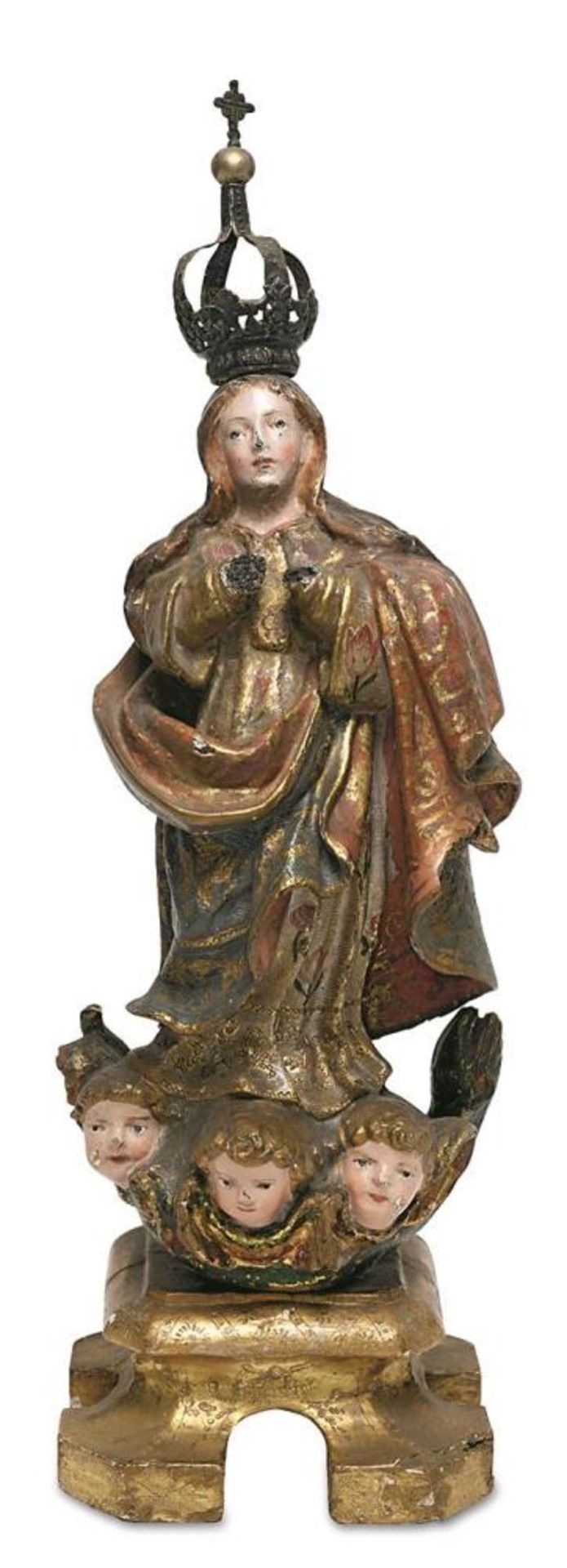 Maria Immaculata. Italien, 18. Jh. | Holz, geschnitzt, Farb- und Goldfassungen, Metallkrone.