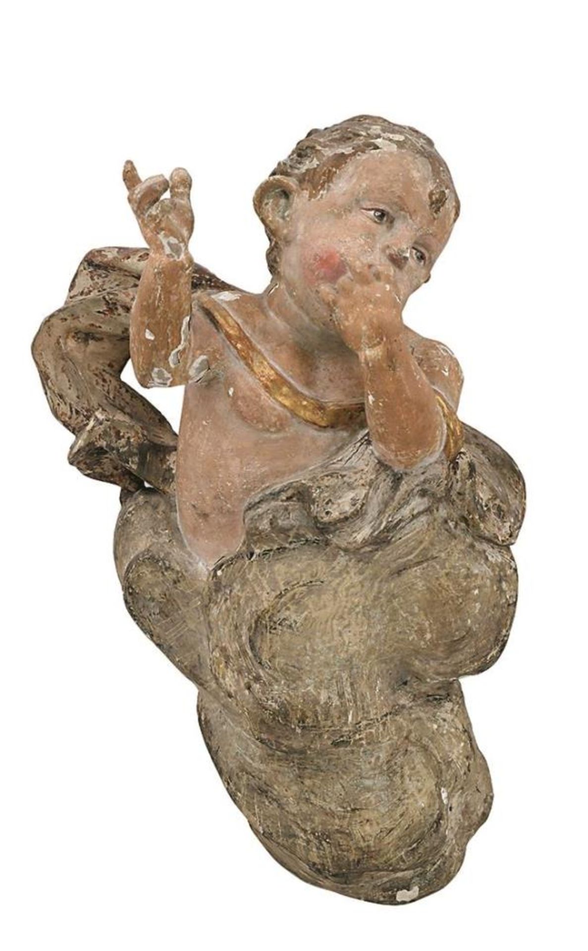 Putto mit Wolke. Süddeutsch, 18. Jh. | Holz, geschnitzt, Farb- und Goldfassung.