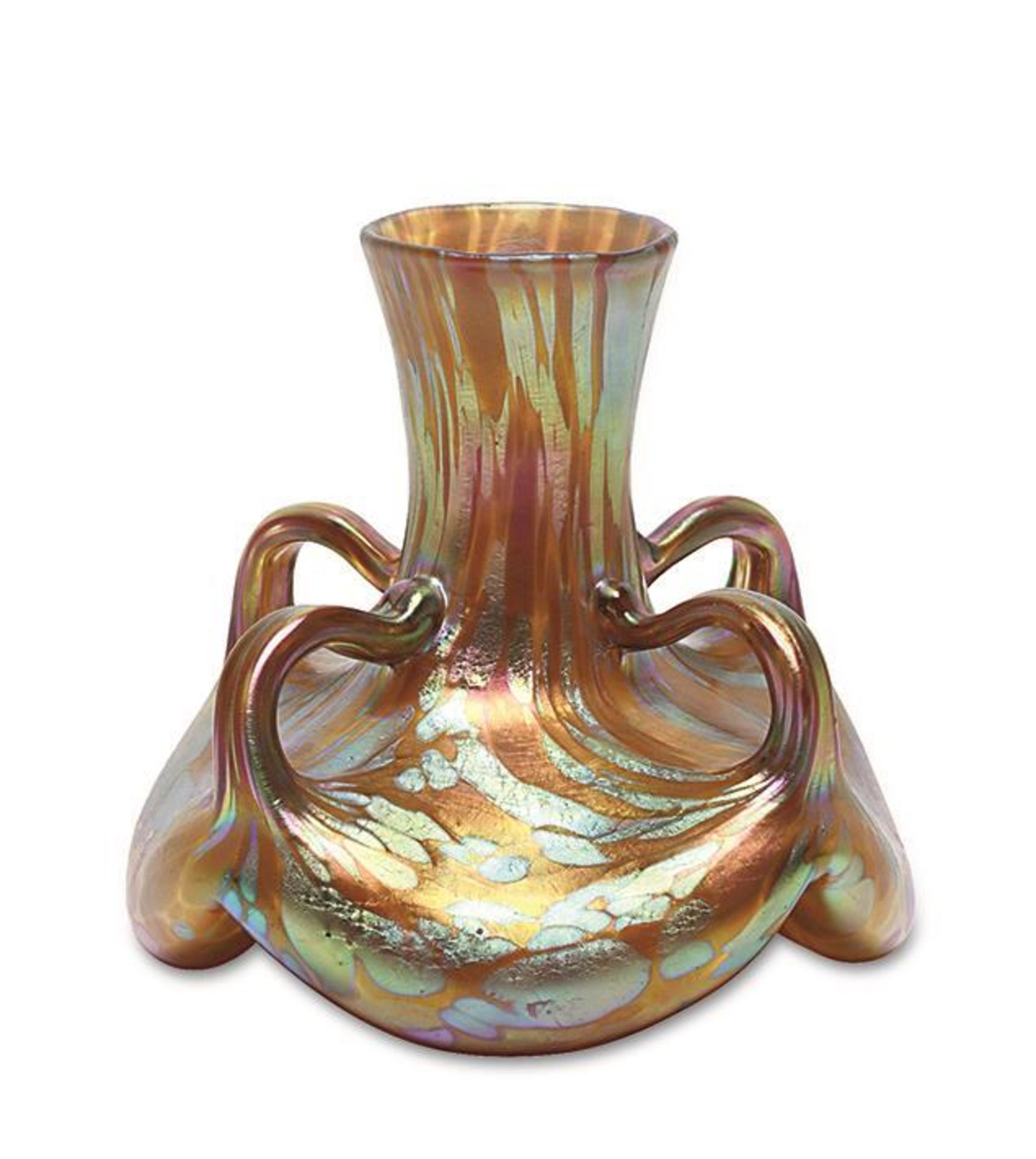 Vase mit vier Henkeln. Johann Loetz Witwe, Klostermühle, um 1900 | Farbloses Glas, braunrote und...