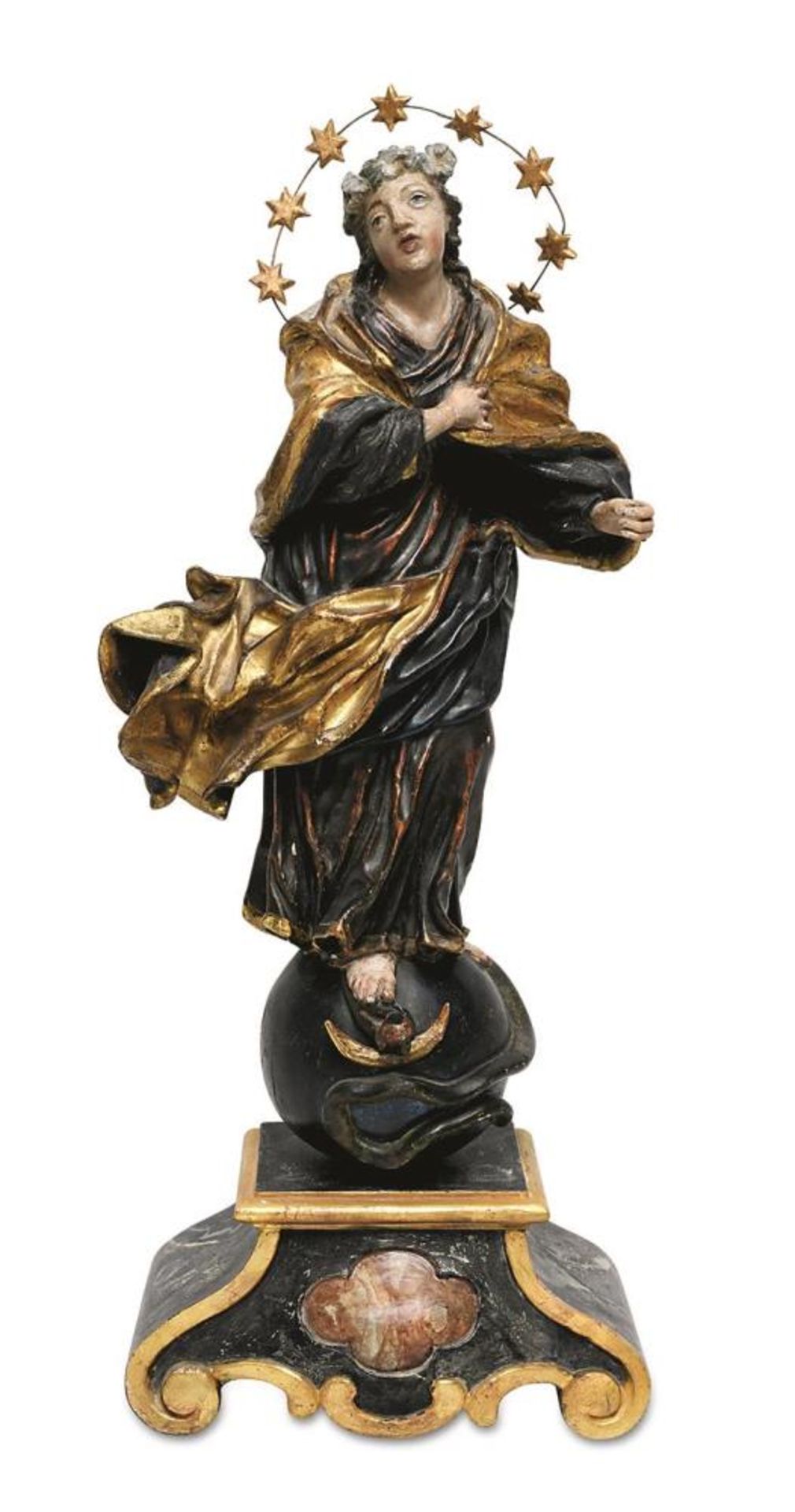 Maria Immaculata. Süddeutsch, 18. Jh. | Holz, geschnitzt. Farb- und Goldfassung.