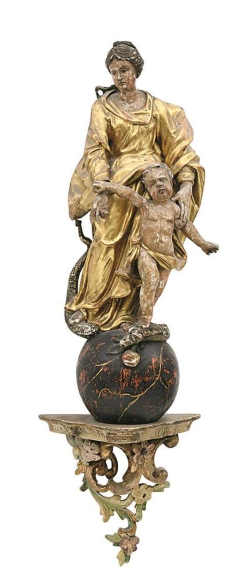 Madonna mit Christusknaben auf der Weltkugel. Süddeutsch, 17./18. Jh. | Holz, geschnitzt. Farb- u...