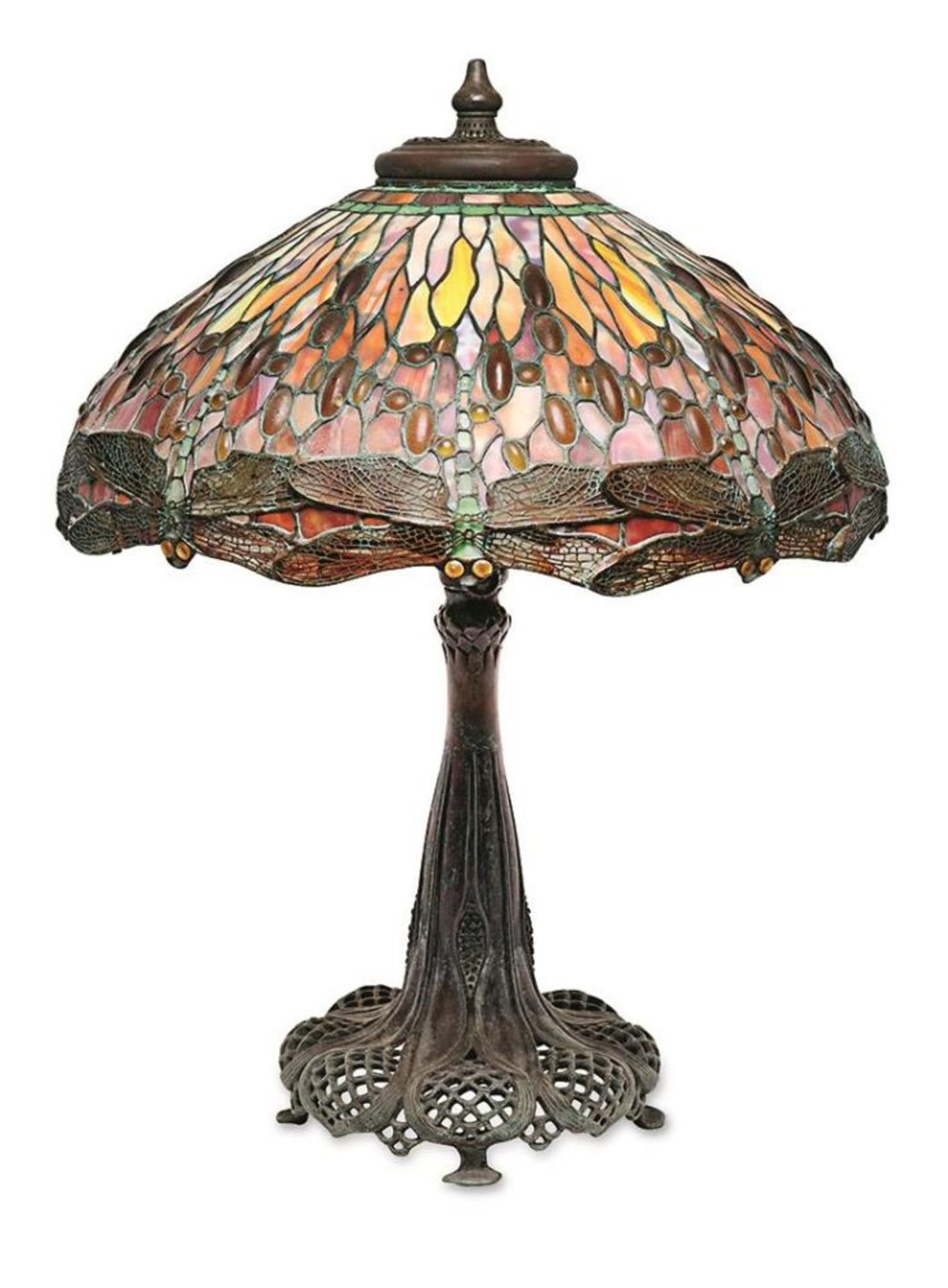Tischlampe. 20. Jh., im Stil von Tiffany | Patiniertes Metall, Bleiverglasung.