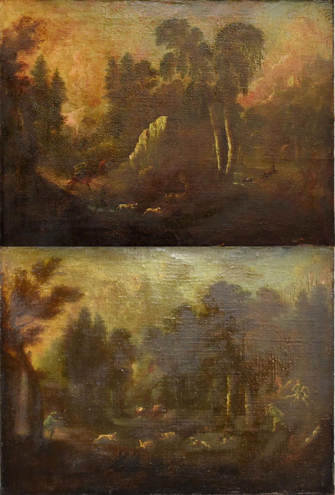 UNBEKANNT. Hirschjagd / Eberjagd. Ein Paar Gemälde: Öl/Lwd.