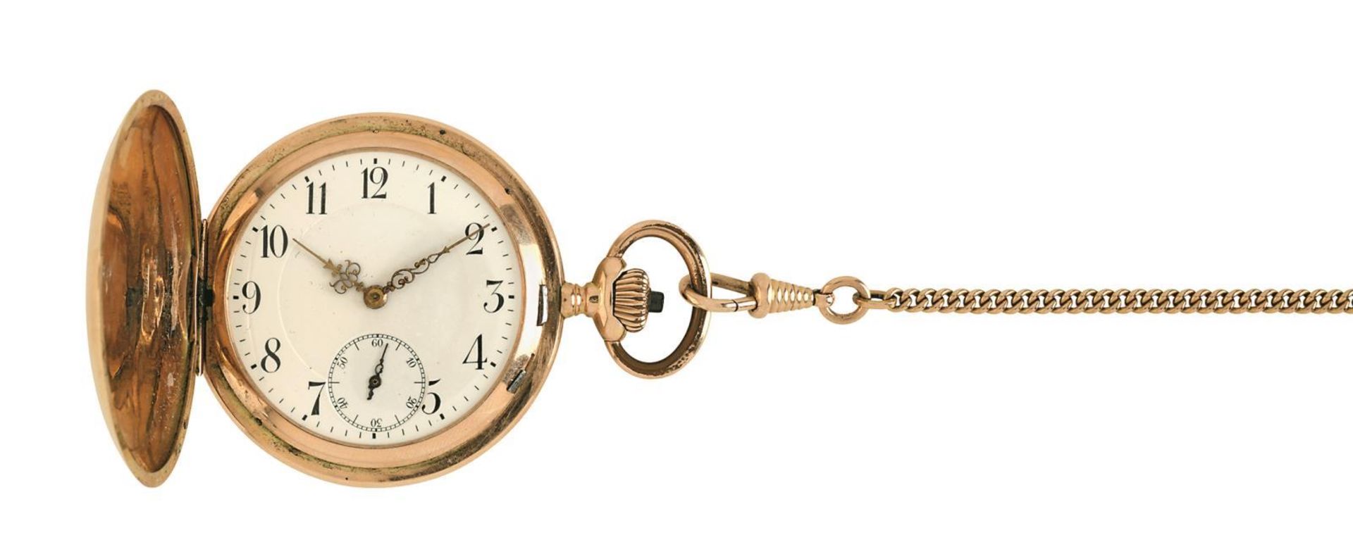 Savonette mit Uhrenkette. Um 1900 | 14 K RG. Marken: 585 u.a.