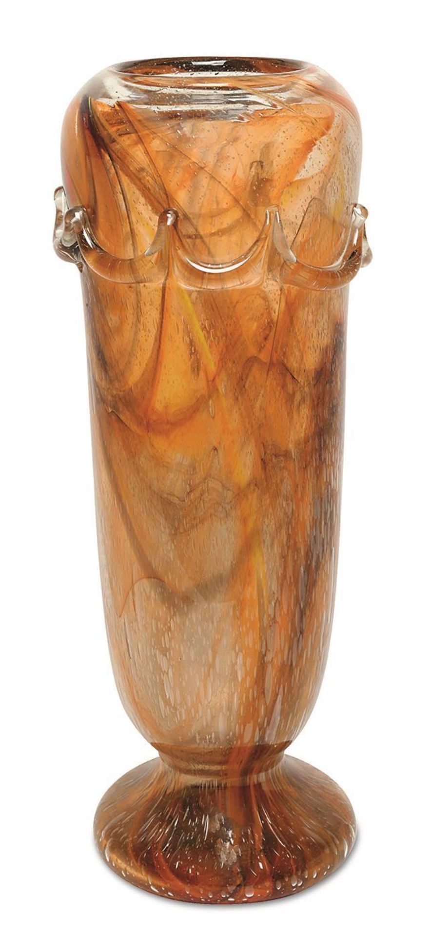 Große Vase. Verreries Schneider, wohl um 1928/33 | Farbloses Glas, orange/gelbe, verzogene Pulver...