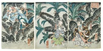 Utagawa Kuniyoshi, Minamoto no Yoshitsune beobachtet den nächtlichen Angriff auf das Horikawa-Anwese