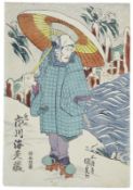Utagawa Kunisada (Toyokuni III.): Der Schauspieler Ichikawa Ebizo in Winterlandschaft