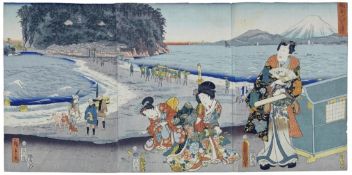 Utagawa Hiroshige II. und Utagawa Kunisada: Triptychon "Sôshû Enoshima": Prince Genji am Strand von 